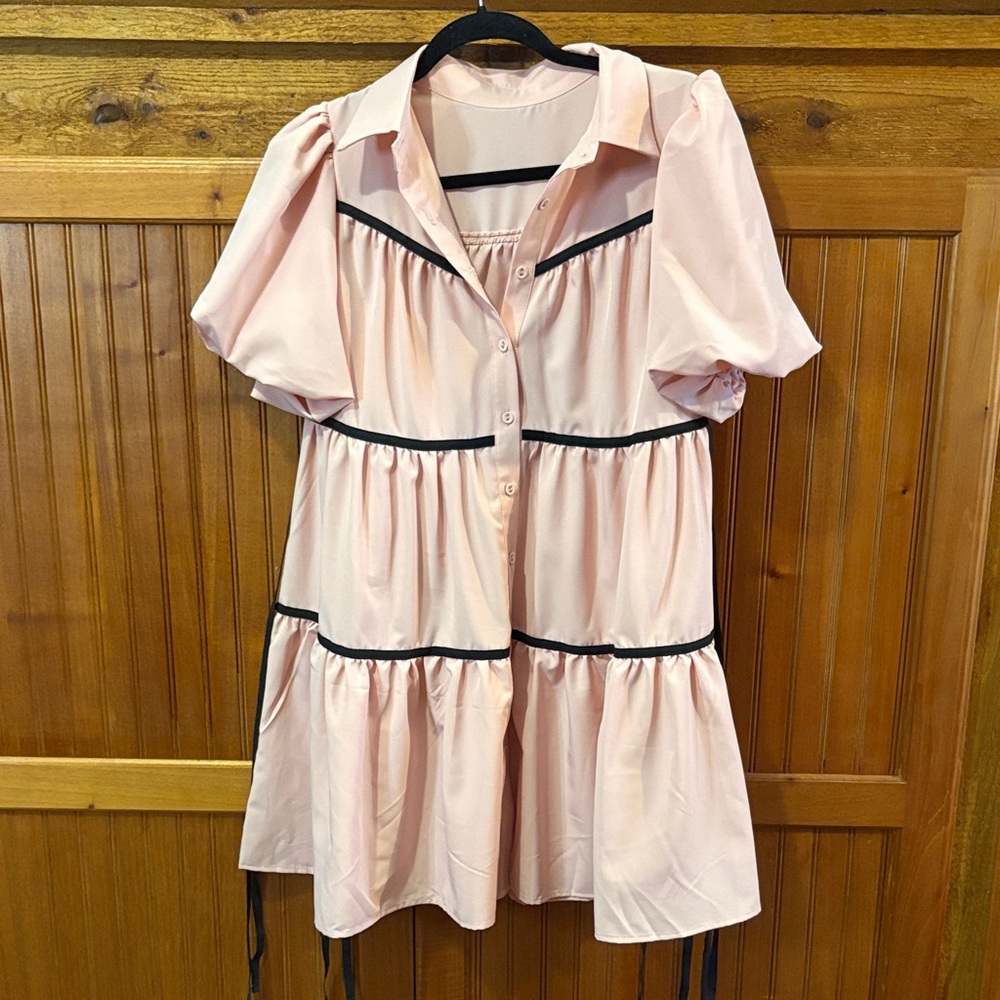 Pink Button-Up Dress with Black Trim